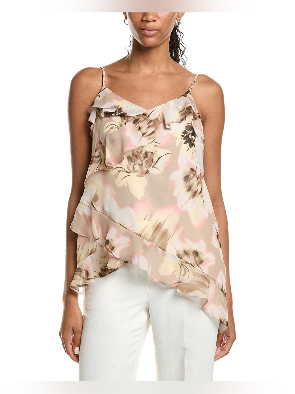 Kenneth Cole Floral Ruffle Camisole in Beige and Pink